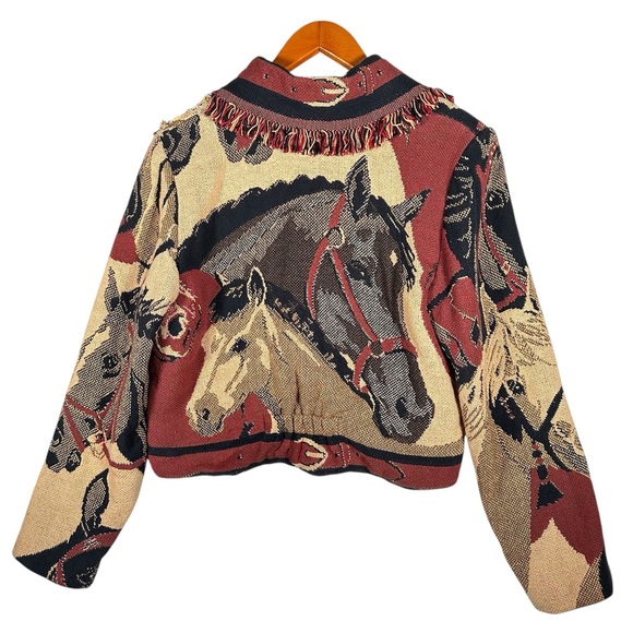 VINTAGE Cropped Horse Print Fringed Throw Blanket Western Jacket - Picture 4 of 14